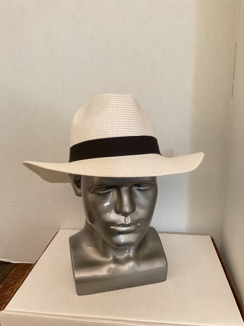Men's Panama-Style Straw Fedora Hat with Black Band - Cream